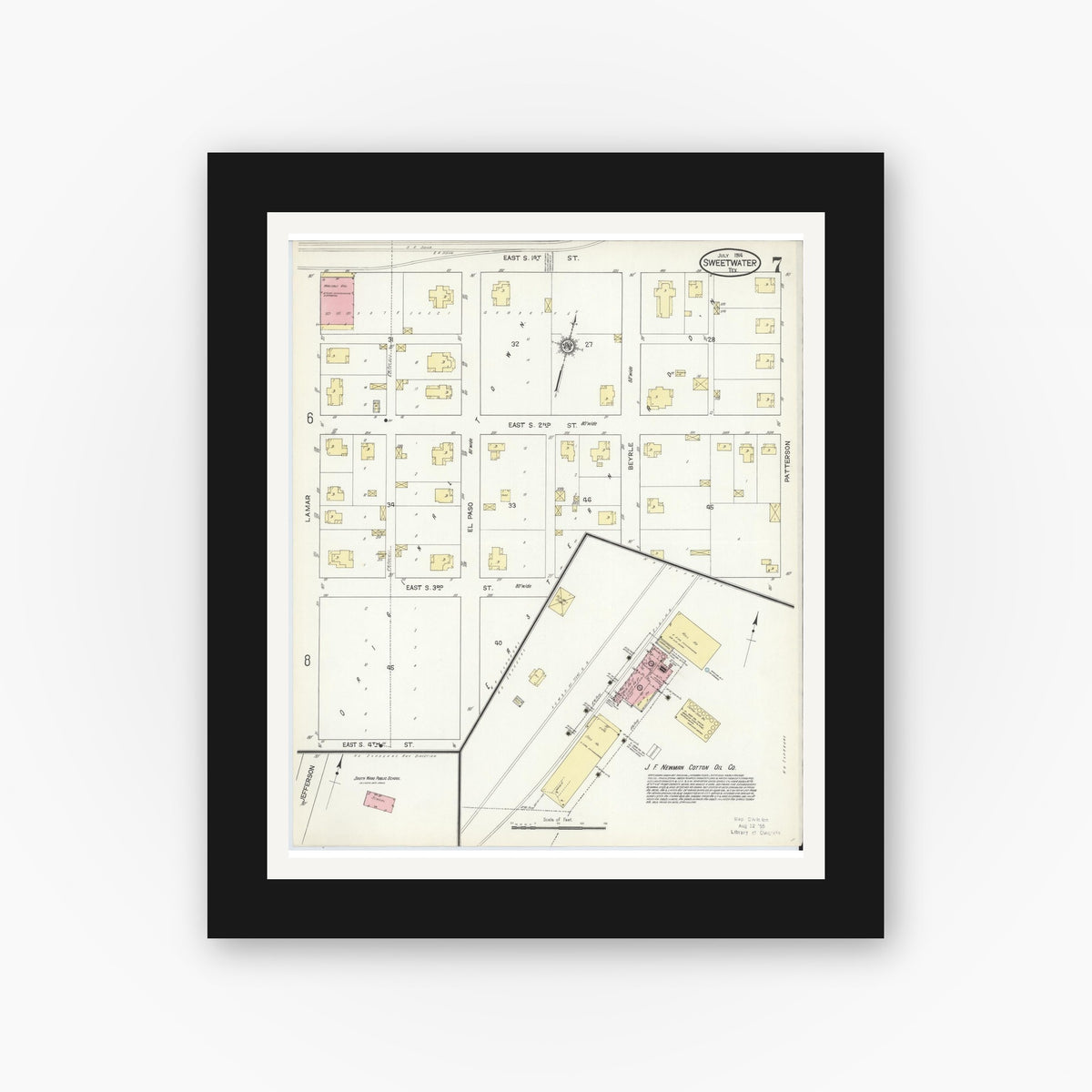 Old map wall art mockup — black gallery frame with white mat — Sanborn Fire Insurance Map from Sweetwater, Nolan County, Texas (1914), Sheet #0007