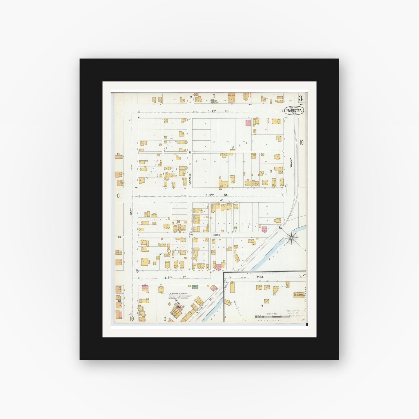 Old map wall art mockup — black gallery frame with white mat — Sanborn Fire Insurance Map from Marietta, Washington County, Ohio (1900), Sheet #0003