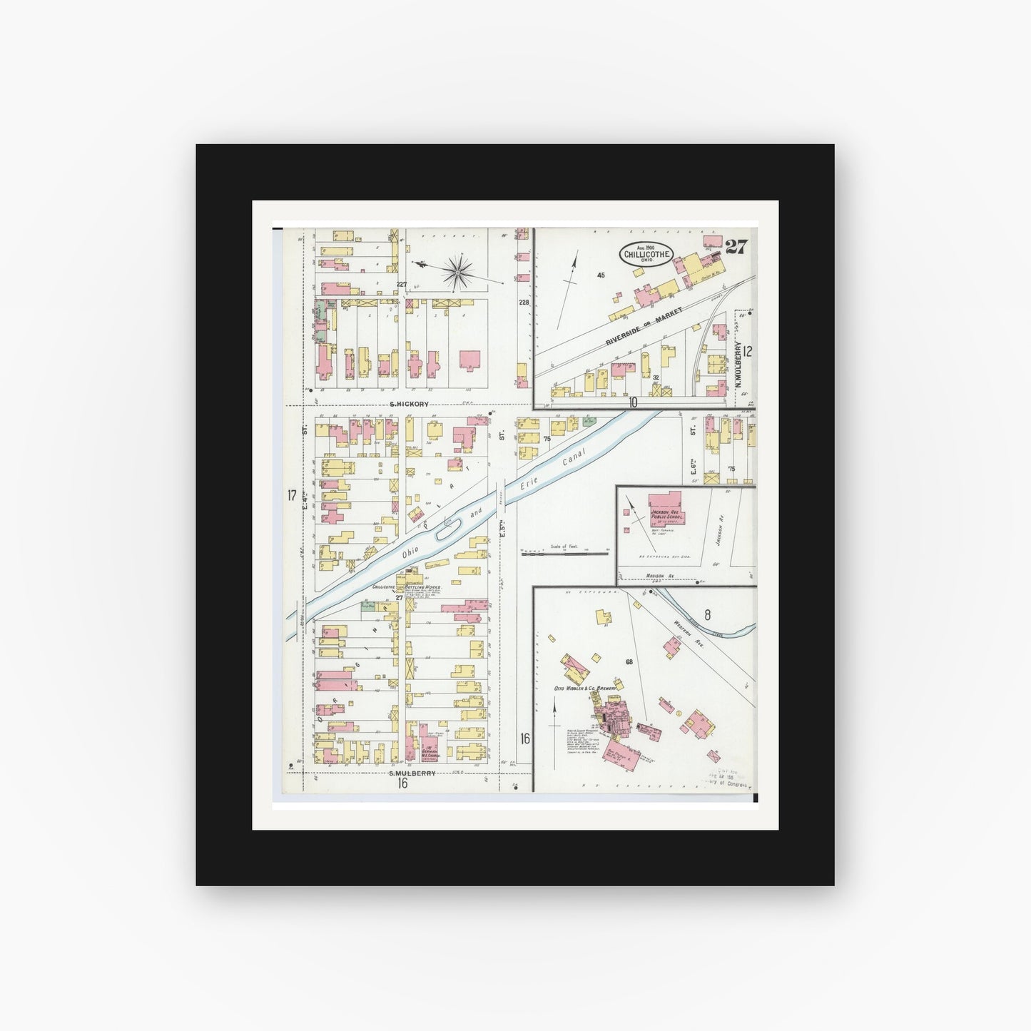 Old map wall art mockup — black gallery frame with white mat — Sanborn Fire Insurance Map from Chillicothe, Ross County, Ohio (1900), Sheet #0027