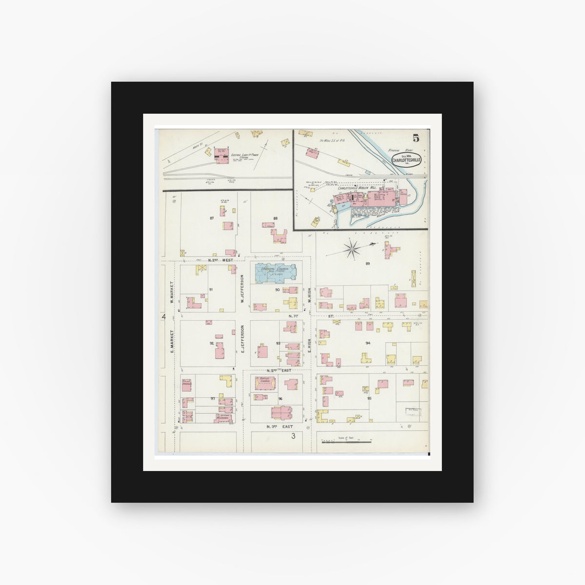 Old map wall art mockup — black gallery frame with white mat — Sanborn Fire Insurance Map from Charlottesville, Independent Cities, Virginia (1896), Sheet #0005