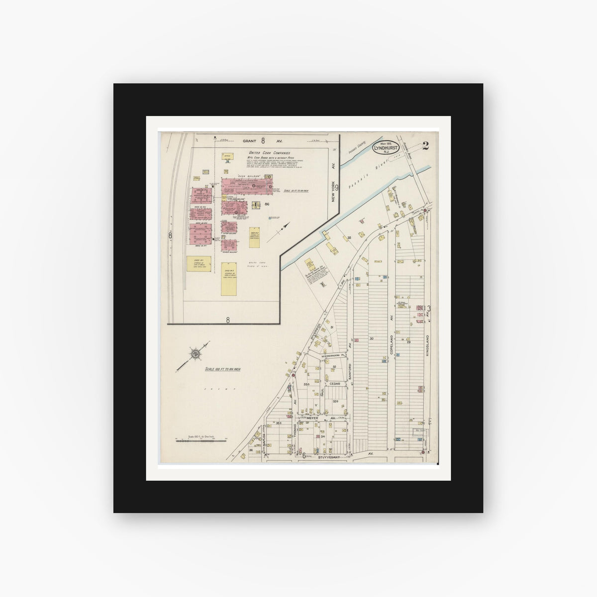 Old map wall art mockup — black gallery frame with white mat — Sanborn Fire Insurance Map from Lyndhurst, Bergen County, New Jersey (1915) - Complete Map Set