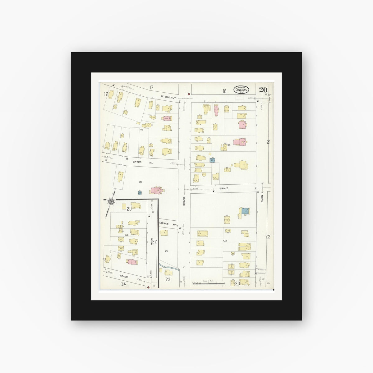 Old map wall art mockup — black gallery frame with white mat — Sanborn Fire Insurance Map from Oneida, Madison County, New York (1914), Sheet #0020