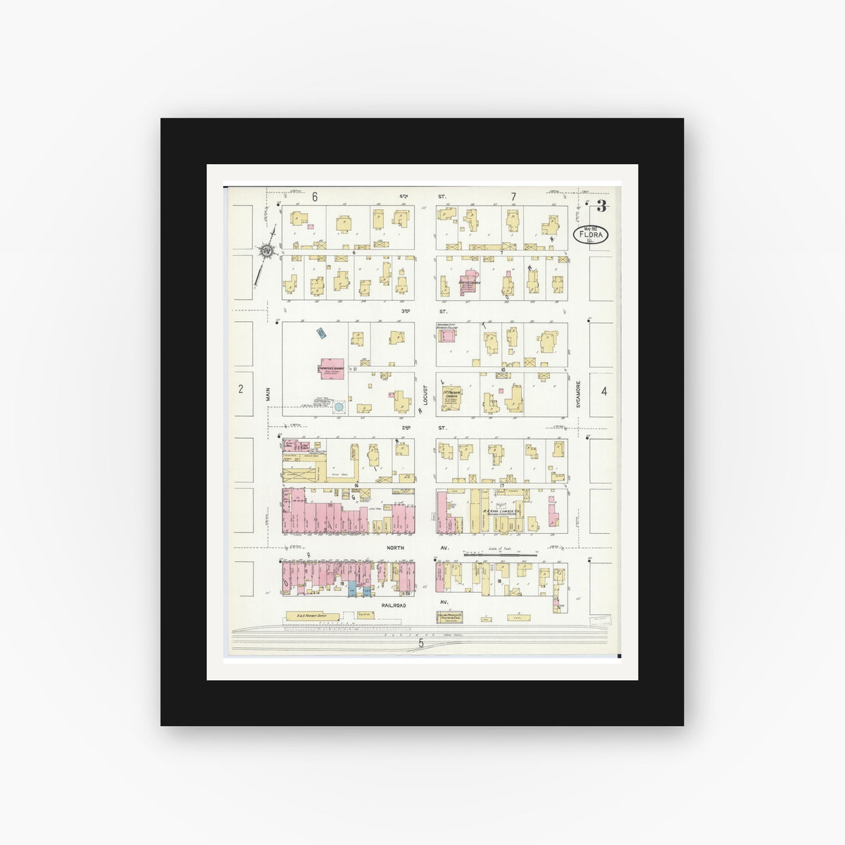 Old map wall art mockup — black gallery frame with white mat — Sanborn Fire Insurance Map from Flora, Clay County, Illinois (1912), Sheet #0003