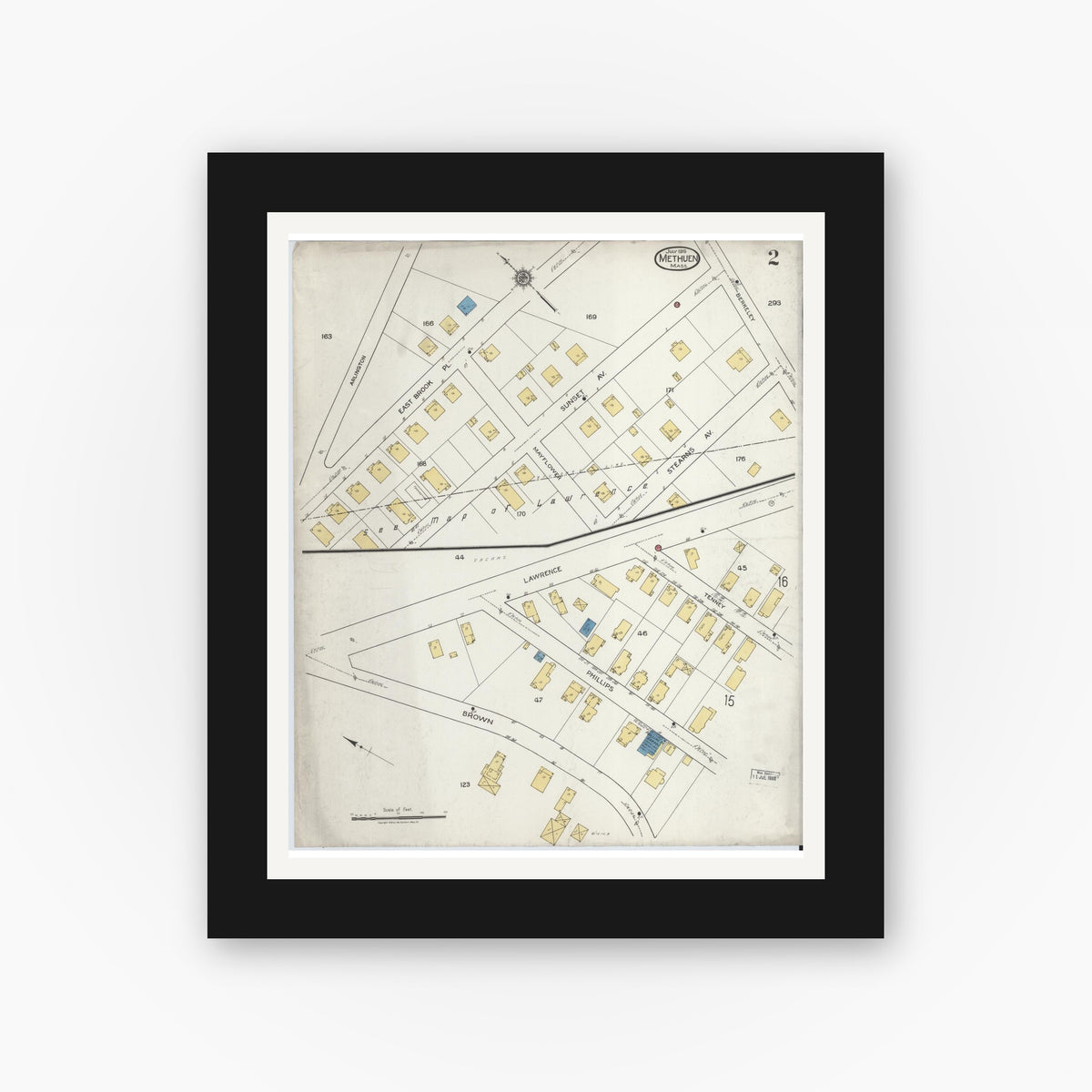 Old map wall art mockup — black gallery frame with white mat — Sanborn Fire Insurance Map from Methuen, Essex County, Massachusetts (1919), Sheet #0002