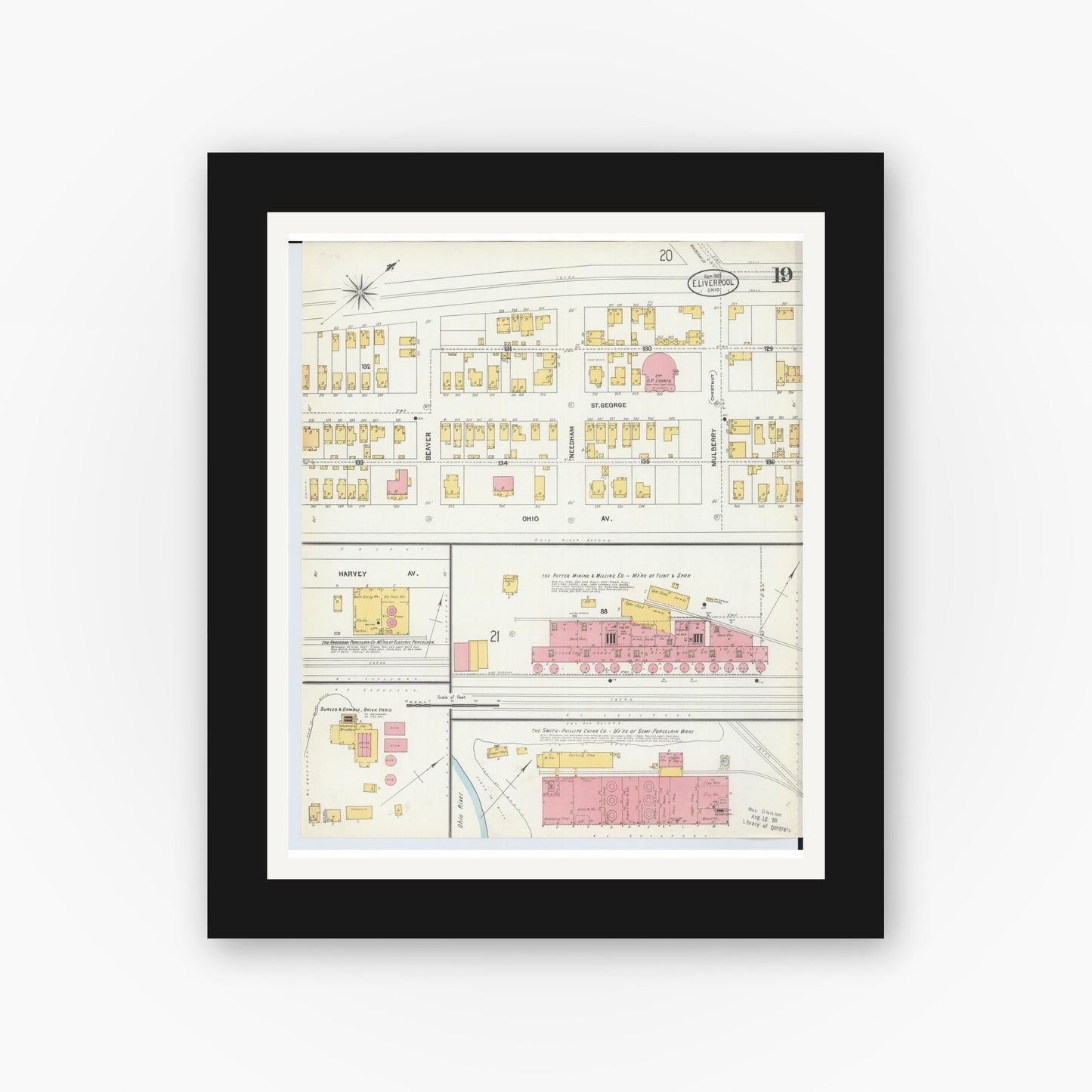 Old map wall art mockup — black gallery frame with white mat — Sanborn Fire Insurance Map from East Liverpool, Columbiana County, Ohio (1903), Sheet #0019