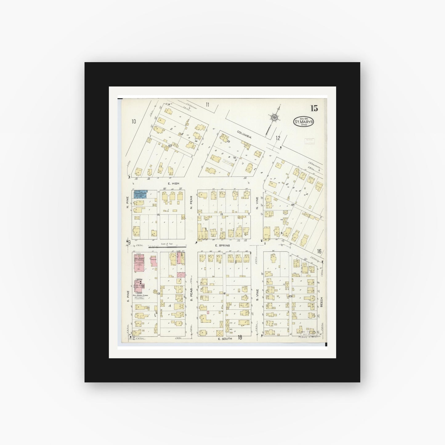 Old map wall art mockup — black gallery frame with white mat — Sanborn Fire Insurance Map from Saint Marys, Auglaize County, Ohio (1914), Sheet #0015