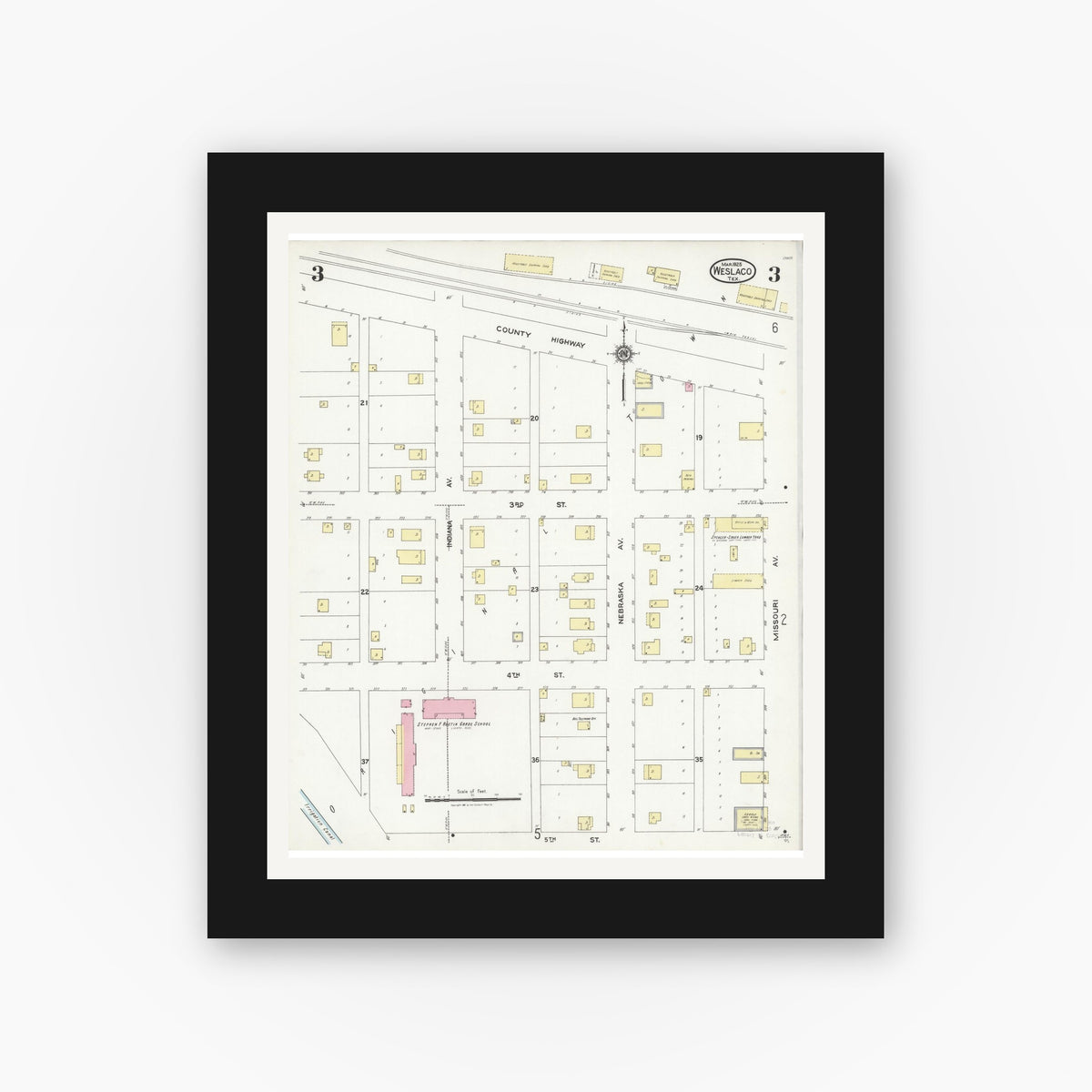Old map wall art mockup — black gallery frame with white mat — Sanborn Fire Insurance Map from Weslaco, Hidalgo County, Texas (1925), Sheet #0003