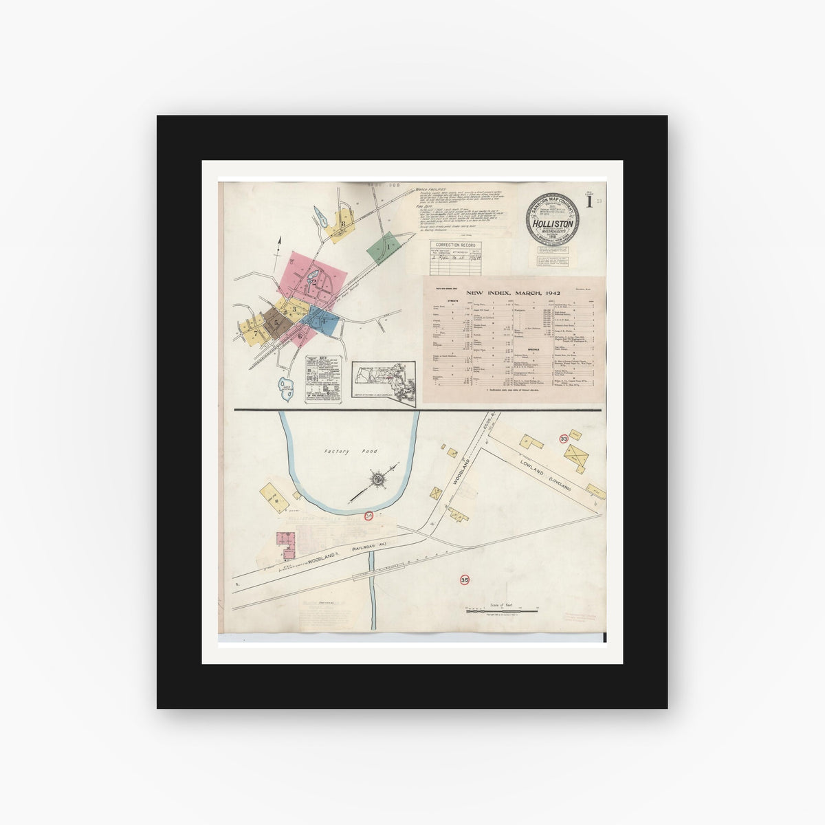 Old map wall art mockup — black gallery frame with white mat — Sanborn Fire Insurance Map from Holliston, Middlesex County, Massachusetts (1942), Sheet #0001
