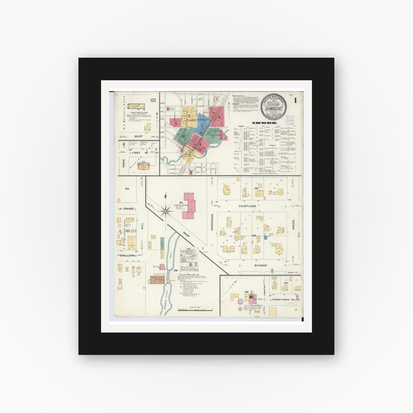 Old map wall art mockup — black gallery frame with white mat — Sanborn Fire Insurance Map from Dowagiac, Cass County, Michigan (1908), Sheet #0001