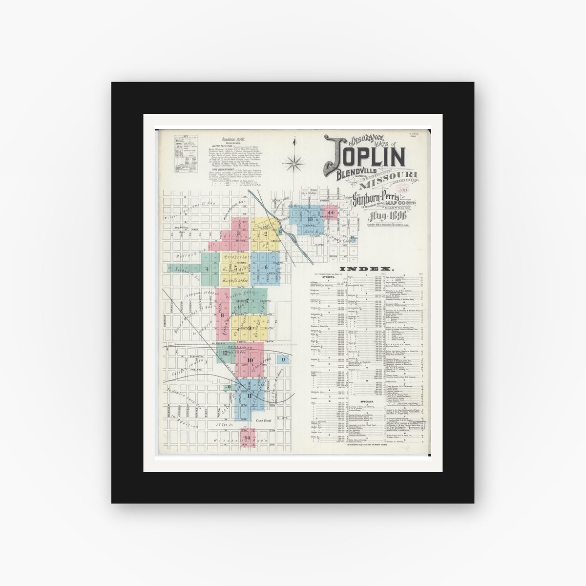 Old map wall art mockup — black gallery frame with white mat — Sanborn Fire Insurance Map from Joplin, Jasper County, Missouri (1896) - Complete Map Set