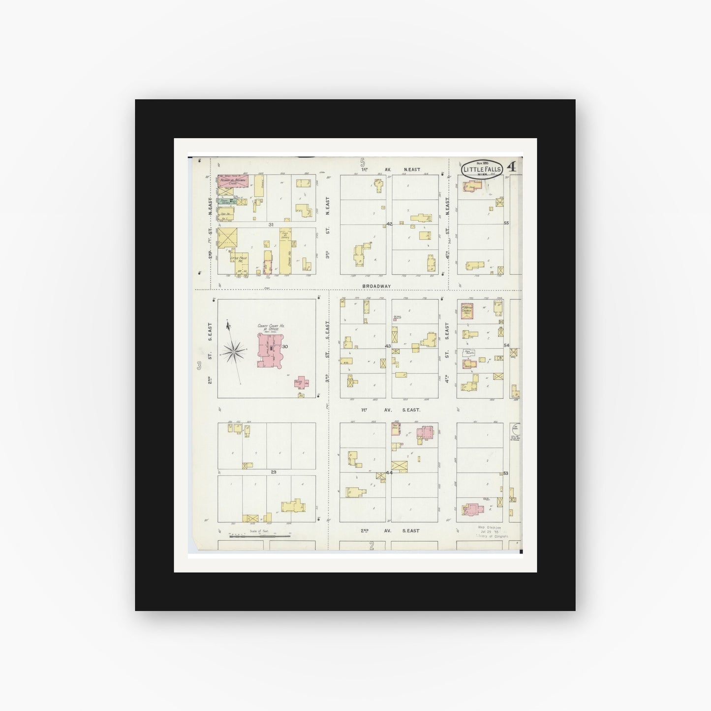Old map wall art mockup — black gallery frame with white mat — Sanborn Fire Insurance Map from Little Falls, Morrison County, Minnesota (1895), Sheet #0004