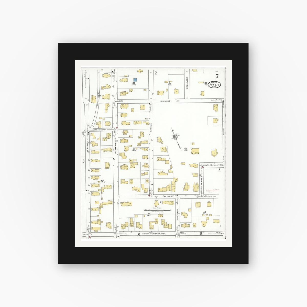 Old map wall art mockup — black gallery frame with white mat — Sanborn Fire Insurance Map from Ayer, Middlesex County, Massachusetts (1921), Sheet #0007