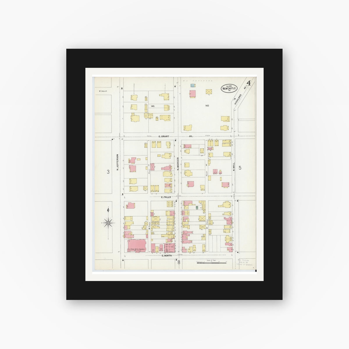 Old map wall art mockup — black gallery frame with white mat — Sanborn Fire Insurance Map from New Castle, Lawrence County, Pennsylvania (1899), Sheet #0004