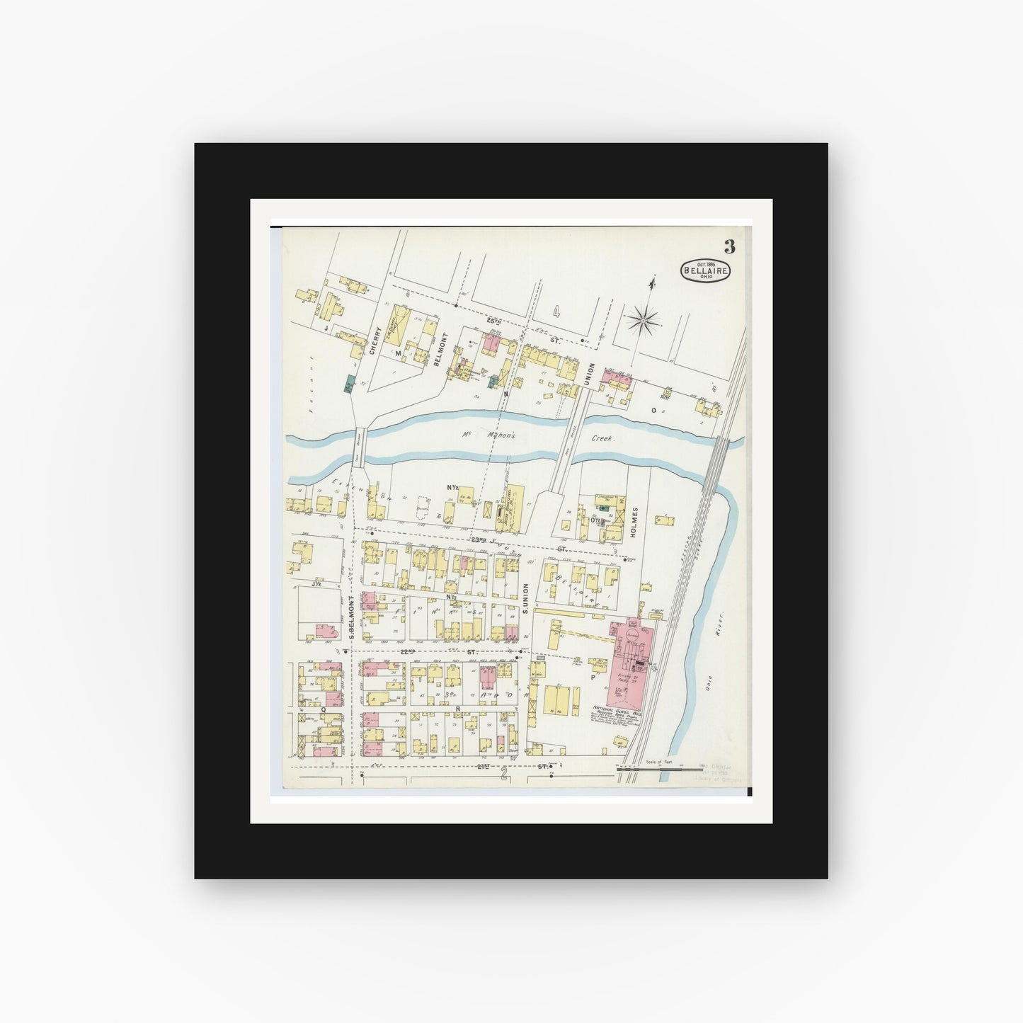 Old map wall art mockup — black gallery frame with white mat — Sanborn Fire Insurance Map from Bellaire, Belmont County, Ohio (1895), Sheet #0003