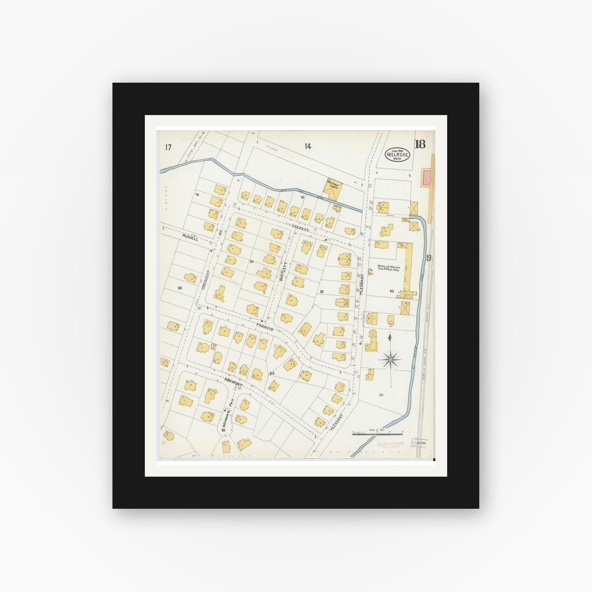 Old map wall art mockup — black gallery frame with white mat — Sanborn Fire Insurance Map from Melrose, Middlesex County, Massachusetts (1903), Sheet #0018