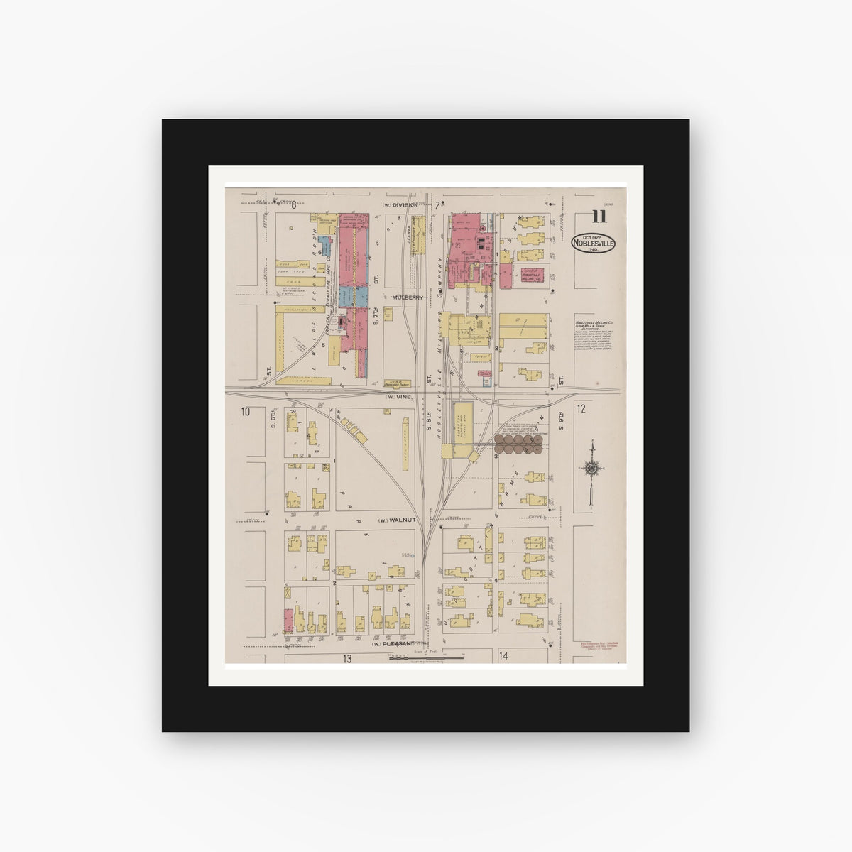 Old map wall art mockup — black gallery frame with white mat — Sanborn Fire Insurance Map from Noblesville, Hamilton County, Indiana (1922), Sheet #0011