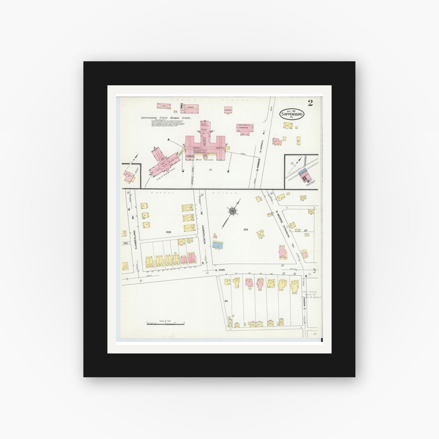 Old map wall art mockup — black gallery frame with white mat — Sanborn Fire Insurance Map from Shippensburg, Cumberland And Franklin Counties, Pennsylvania (1910), Sheet #0002