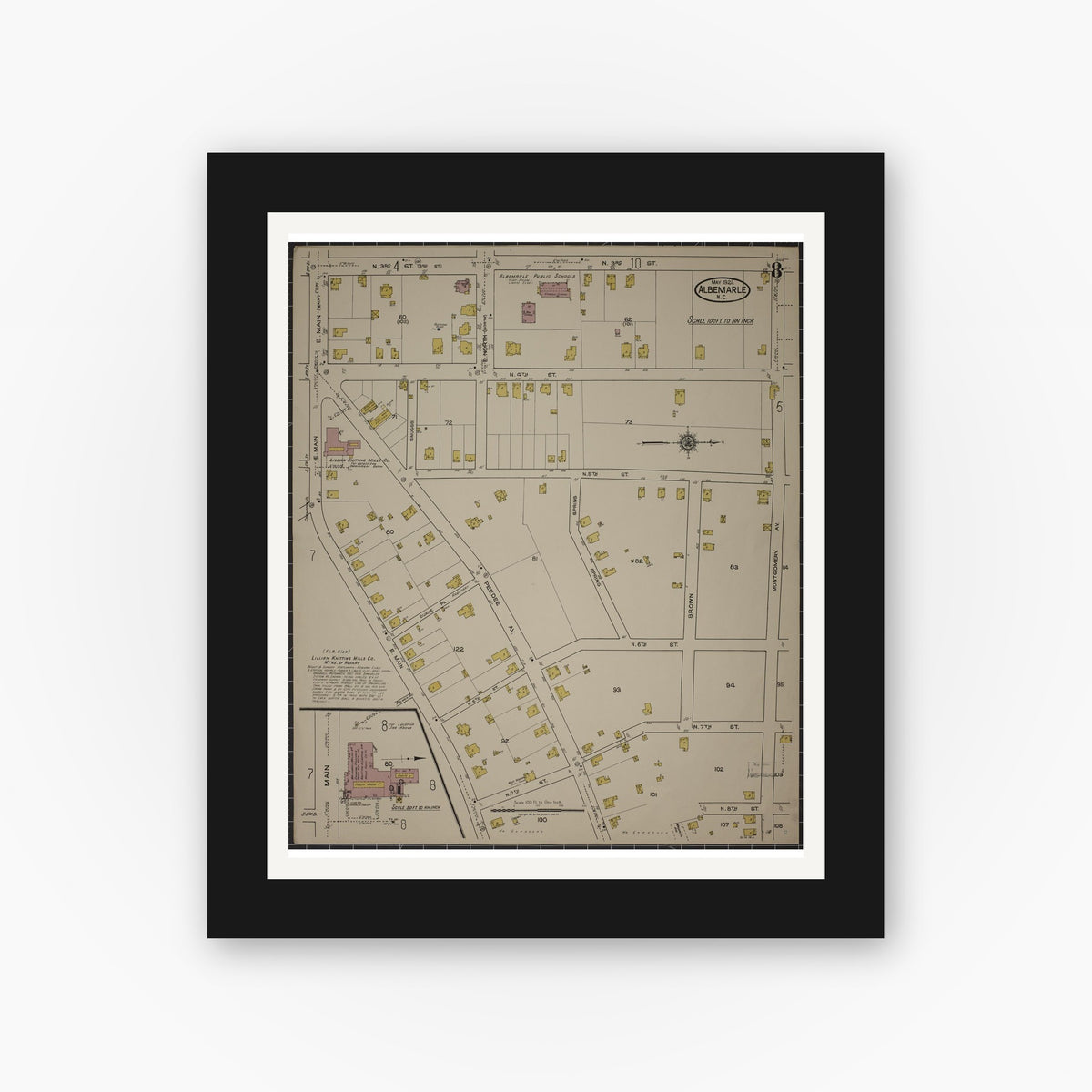 Old map wall art mockup — black gallery frame with white mat — Sanborn Fire Insurance Map from Albemarle, Stanley County, North Carolina (1922), Sheet #0008