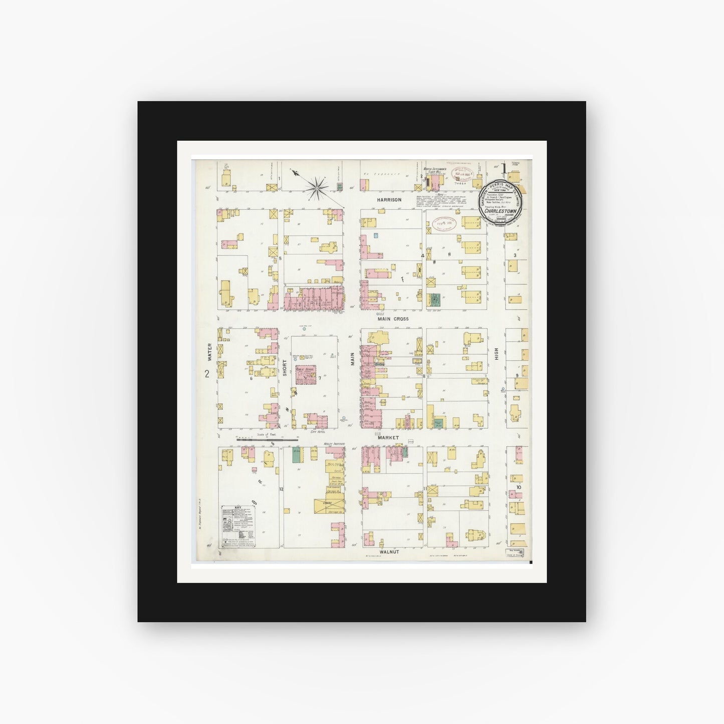 Old map wall art mockup — black gallery frame with white mat — Sanborn Fire Insurance Map from Charlestown, Clark County, Indiana (1899) - Complete Map Set