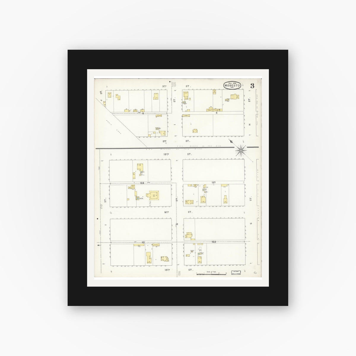 Old map wall art mockup — black gallery frame with white mat — Sanborn Fire Insurance Map from Modesto, Stanislaus County, California (1894), Sheet #0003