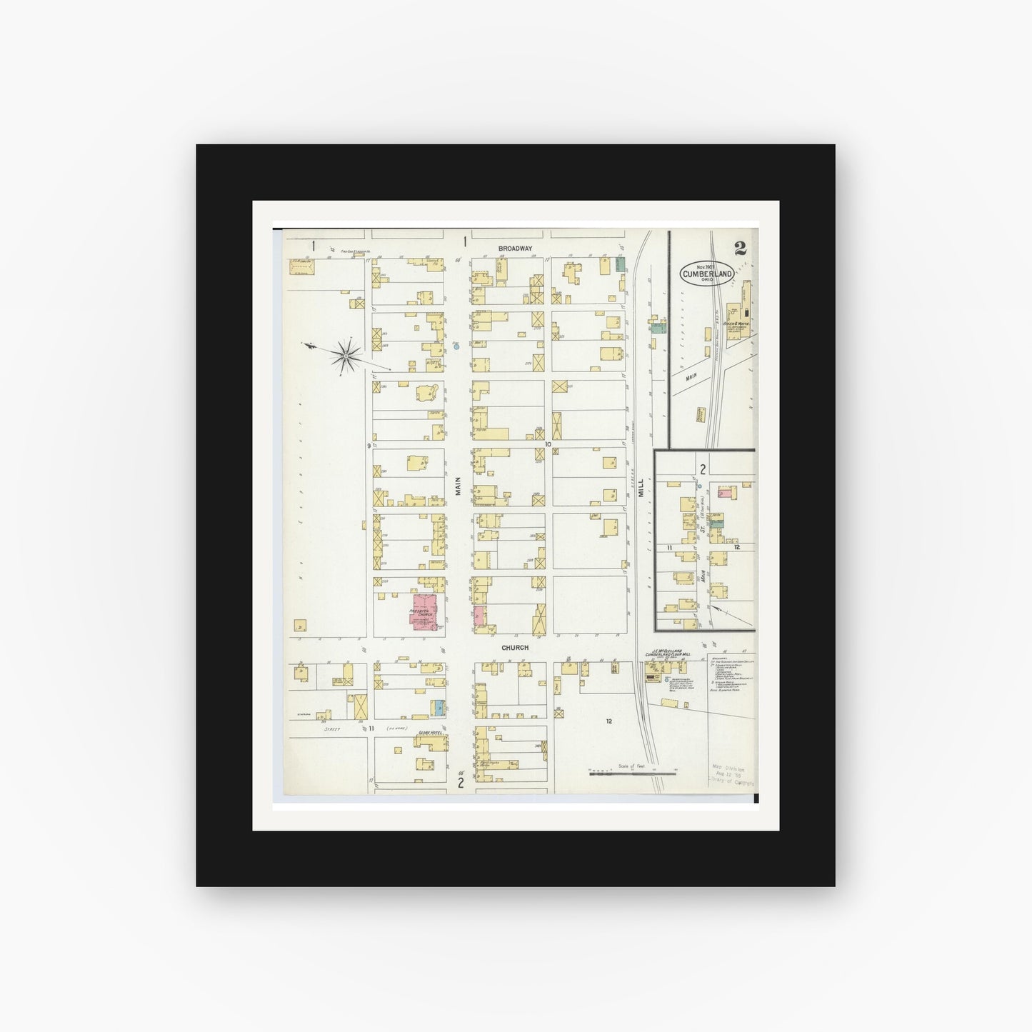 Old map wall art mockup — black gallery frame with white mat — Sanborn Fire Insurance Map from Cumberland, Guernsey County, Ohio (1901), Sheet #0002