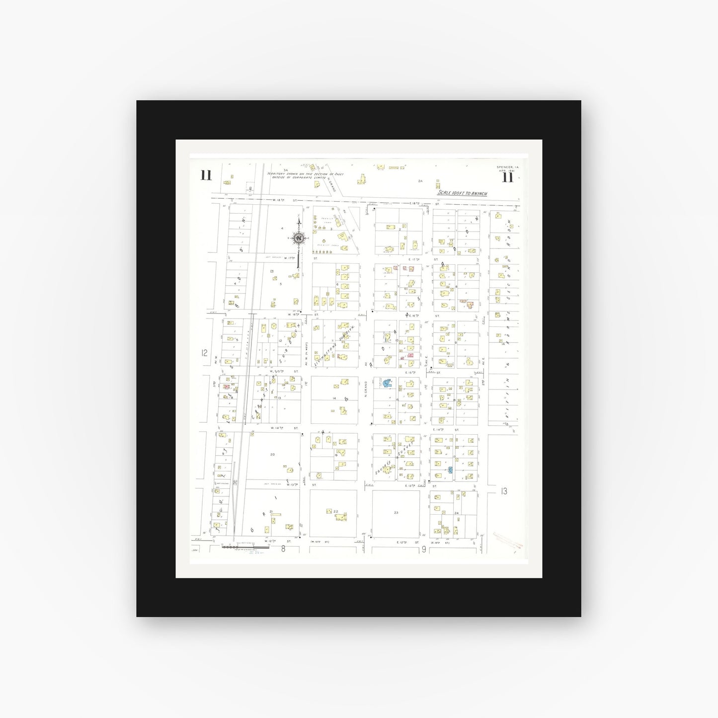 Old map wall art mockup β black gallery frame with white mat β Sanborn Fire Insurance Map from Spencer, Clay County, Iowa (1941), Sheet #0011