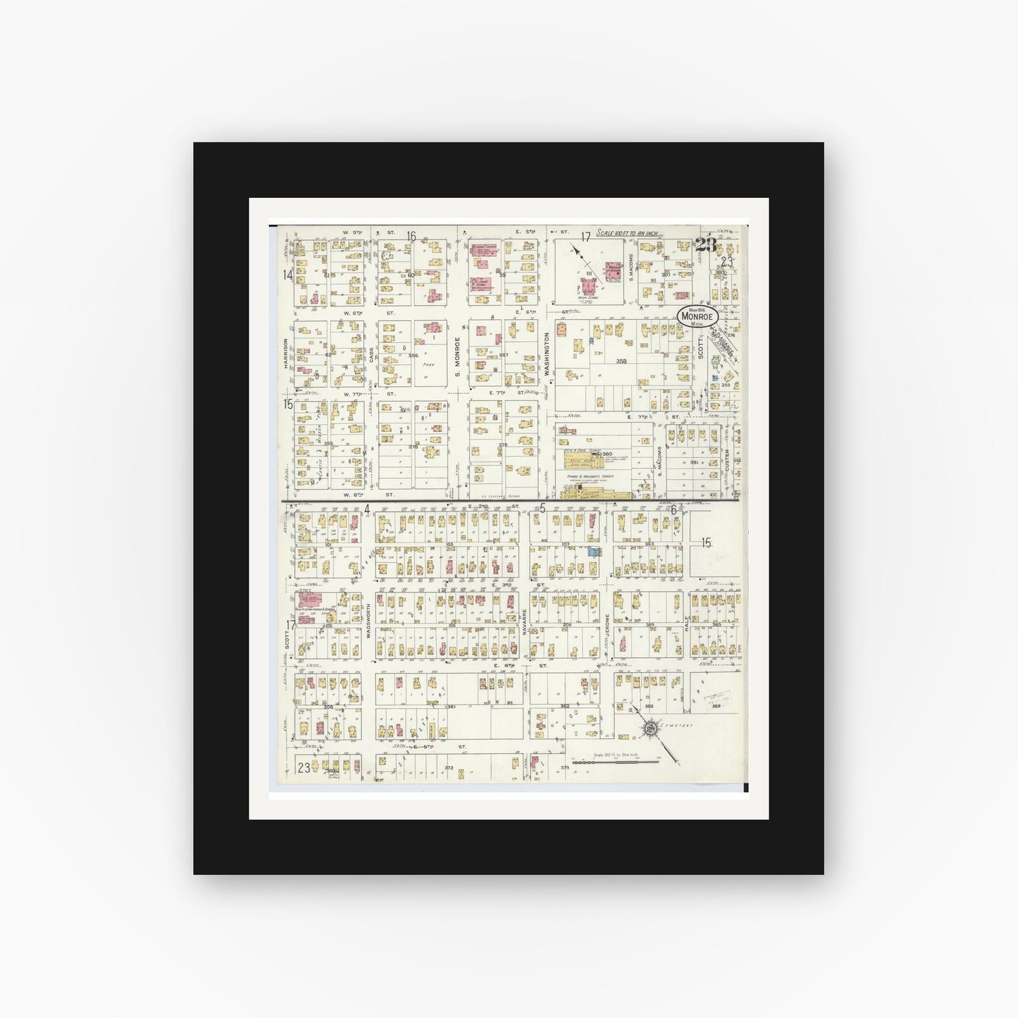 Old map wall art mockup — black gallery frame with white mat — Sanborn Fire Insurance Map from Monroe, Monroe County, Michigan (1916), Sheet #0023