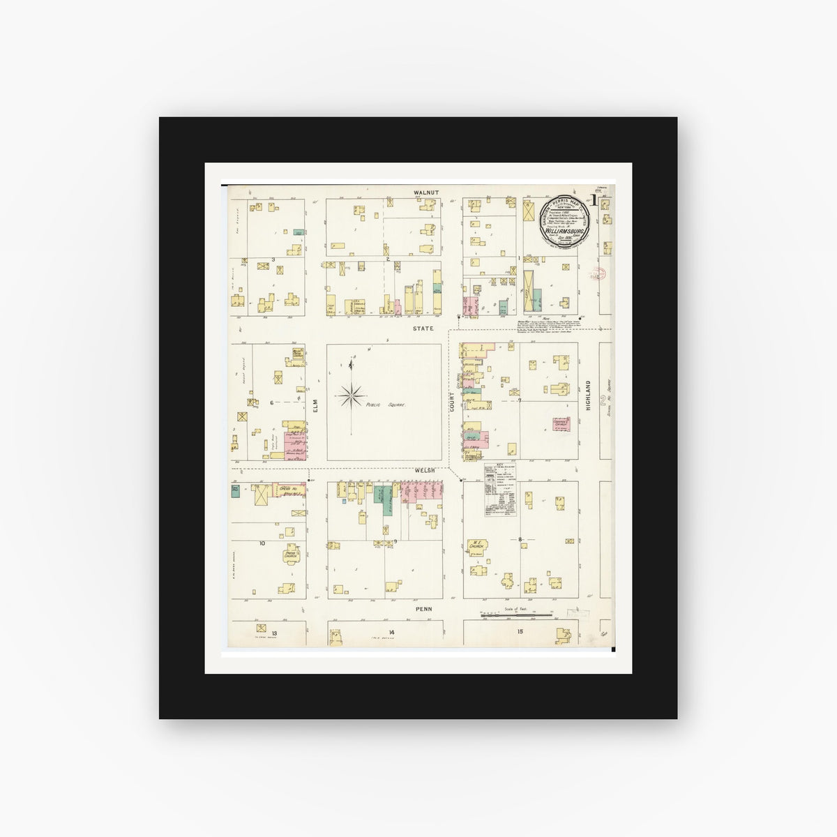 Old map wall art mockup — black gallery frame with white mat — Sanborn Fire Insurance Map from Williamsburg, Iowa County, Iowa (1895), Sheet #0001