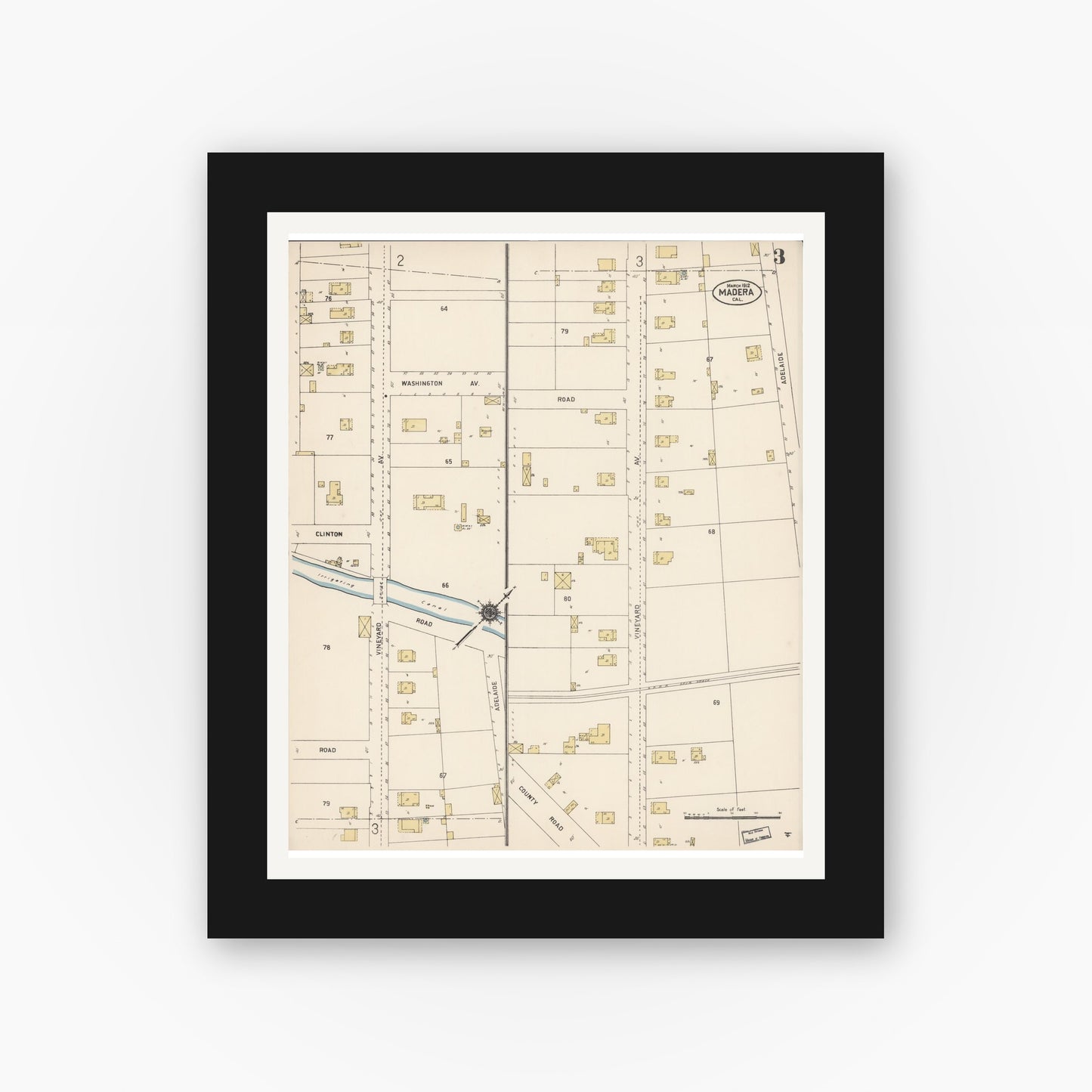 Old map wall art mockup — black gallery frame with white mat — Sanborn Fire Insurance Map from Madera, Madera County, California (1912), Sheet #0003