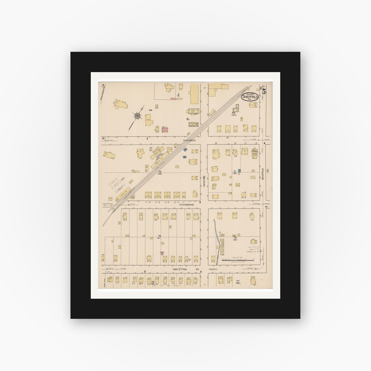 Old map wall art mockup β black gallery frame with white mat β Sanborn Fire Insurance Map from Sheffield, Warren County, Pennsylvania (1922), Sheet #0005