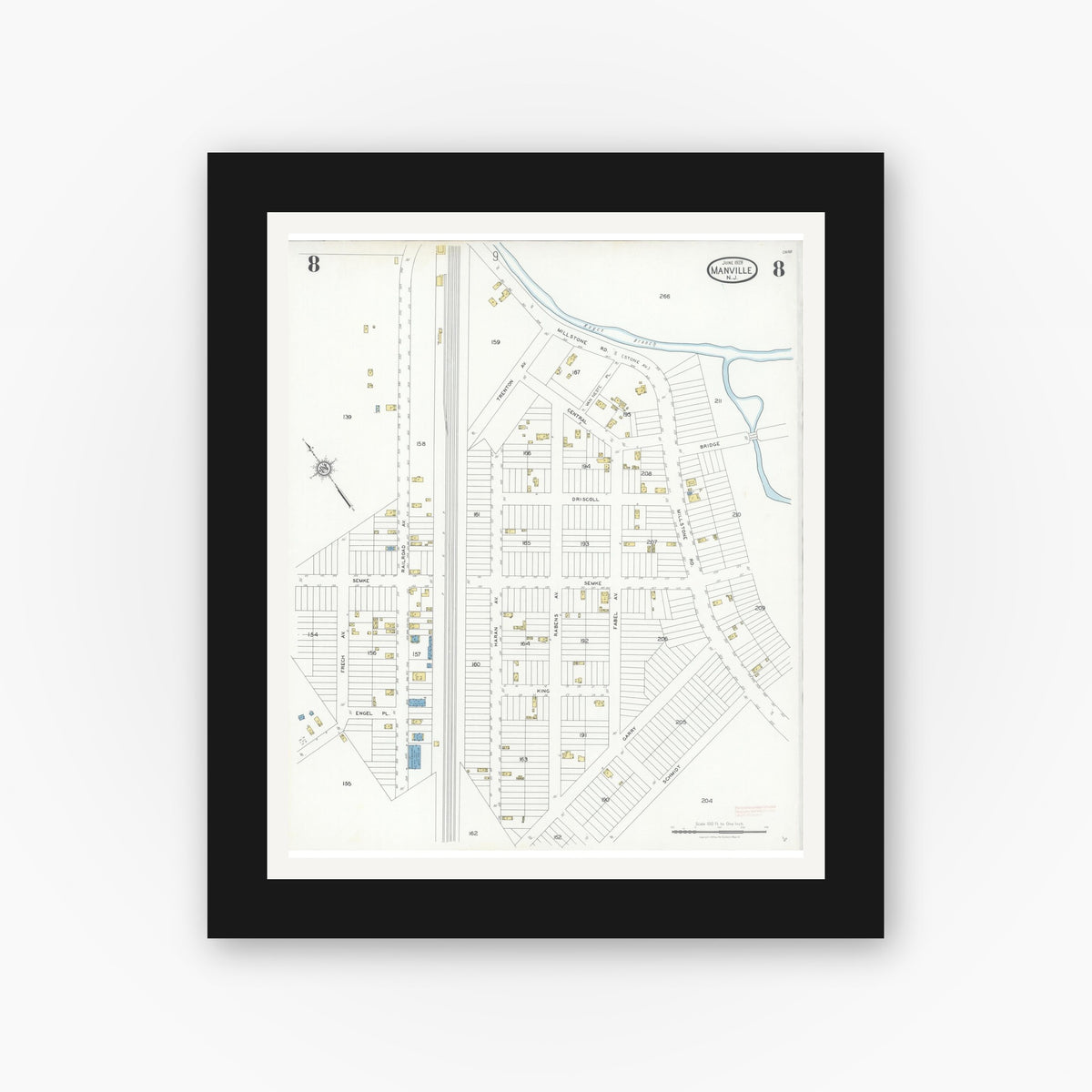 Old map wall art mockup — black gallery frame with white mat — Sanborn Fire Insurance Map from Manville, Somerset County, New Jersey (1928), Sheet #0008