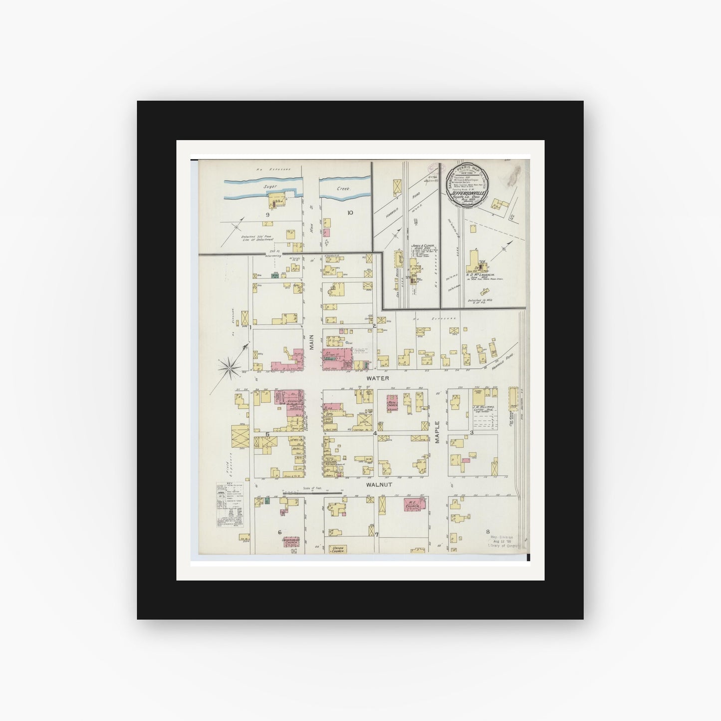 Old map wall art mockup — black gallery frame with white mat — Sanborn Fire Insurance Map from Jeffersonville, Fayette County, Ohio (1893), Sheet #0001
