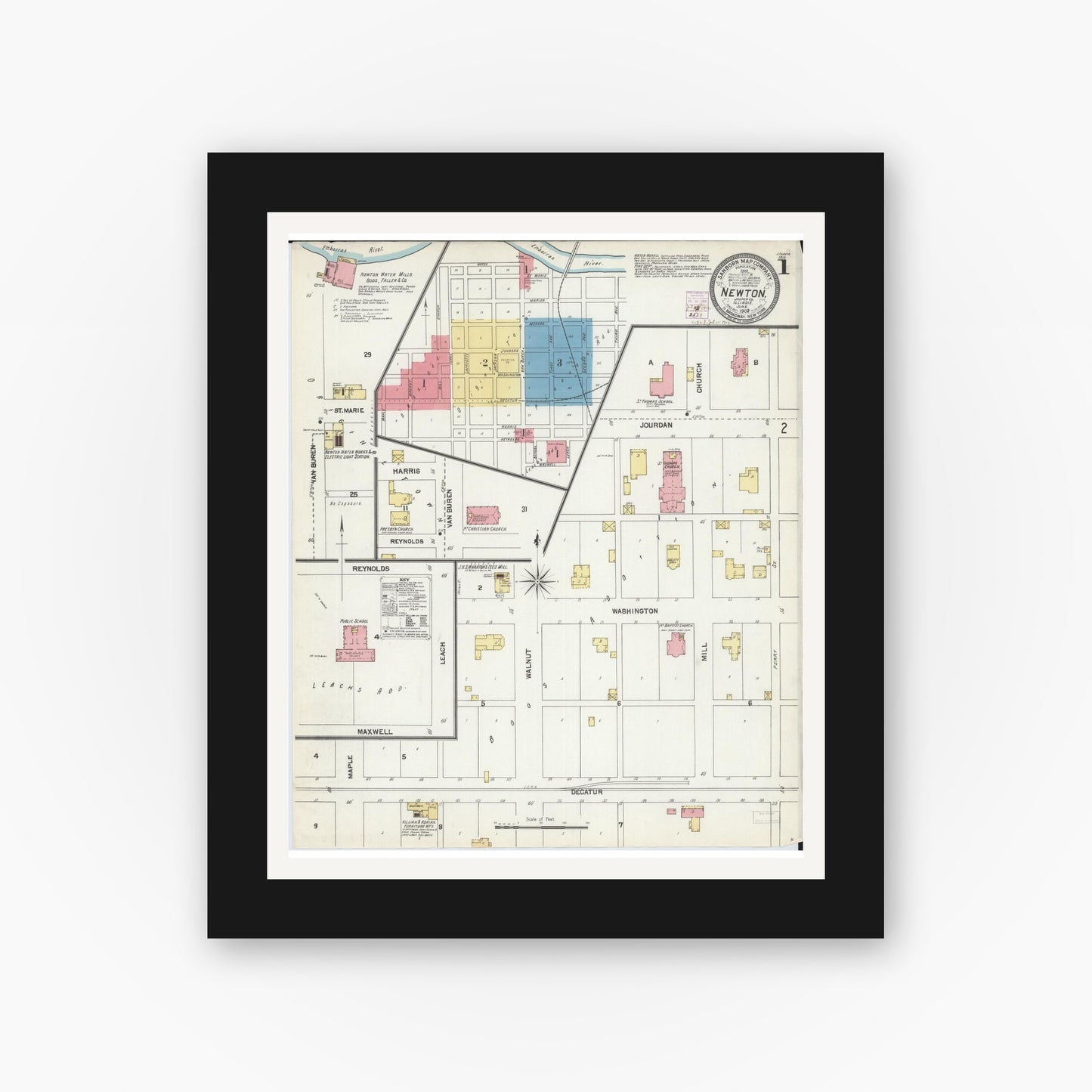 Old map wall art mockup — black gallery frame with white mat — Sanborn Fire Insurance Map from Newton, Jasper County, Illinois (1902) - Complete Map Set