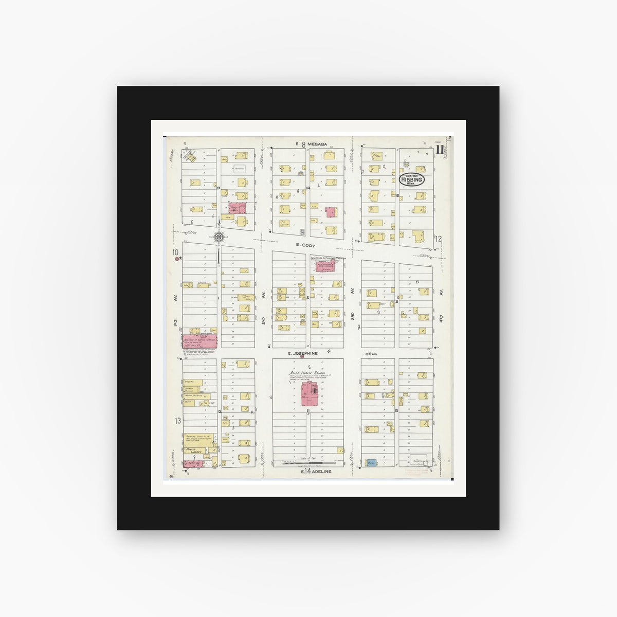 Old map wall art mockup — black gallery frame with white mat — Sanborn Fire Insurance Map from Hibbing, Saint Louis County, Minnesota (1921), Sheet #0011