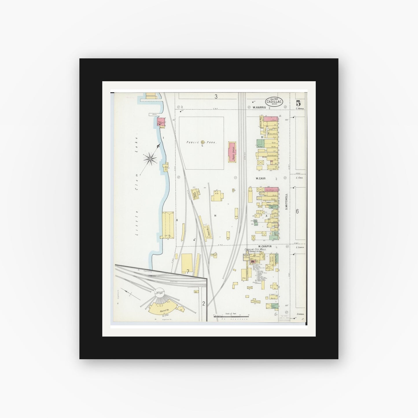 Old map wall art mockup — black gallery frame with white mat — Sanborn Fire Insurance Map from Cadillac, Wexford County, Michigan (1900), Sheet #0005