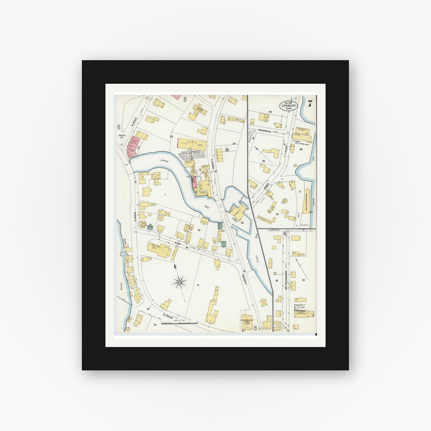 Old map wall art mockup — black gallery frame with white mat — Sanborn Fire Insurance Map from Ipswich, Essex County, Massachusetts (1902), Sheet #0007