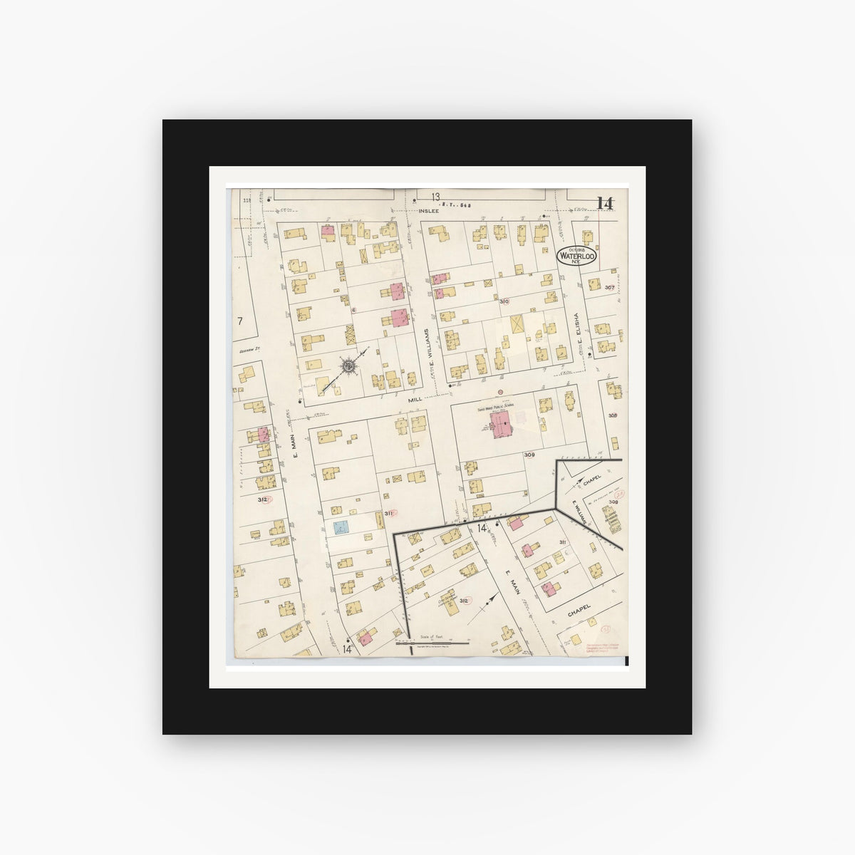 Old map wall art mockup — black gallery frame with white mat — Sanborn Fire Insurance Map from Waterloo, Seneca County, New York (1948), Sheet #0014