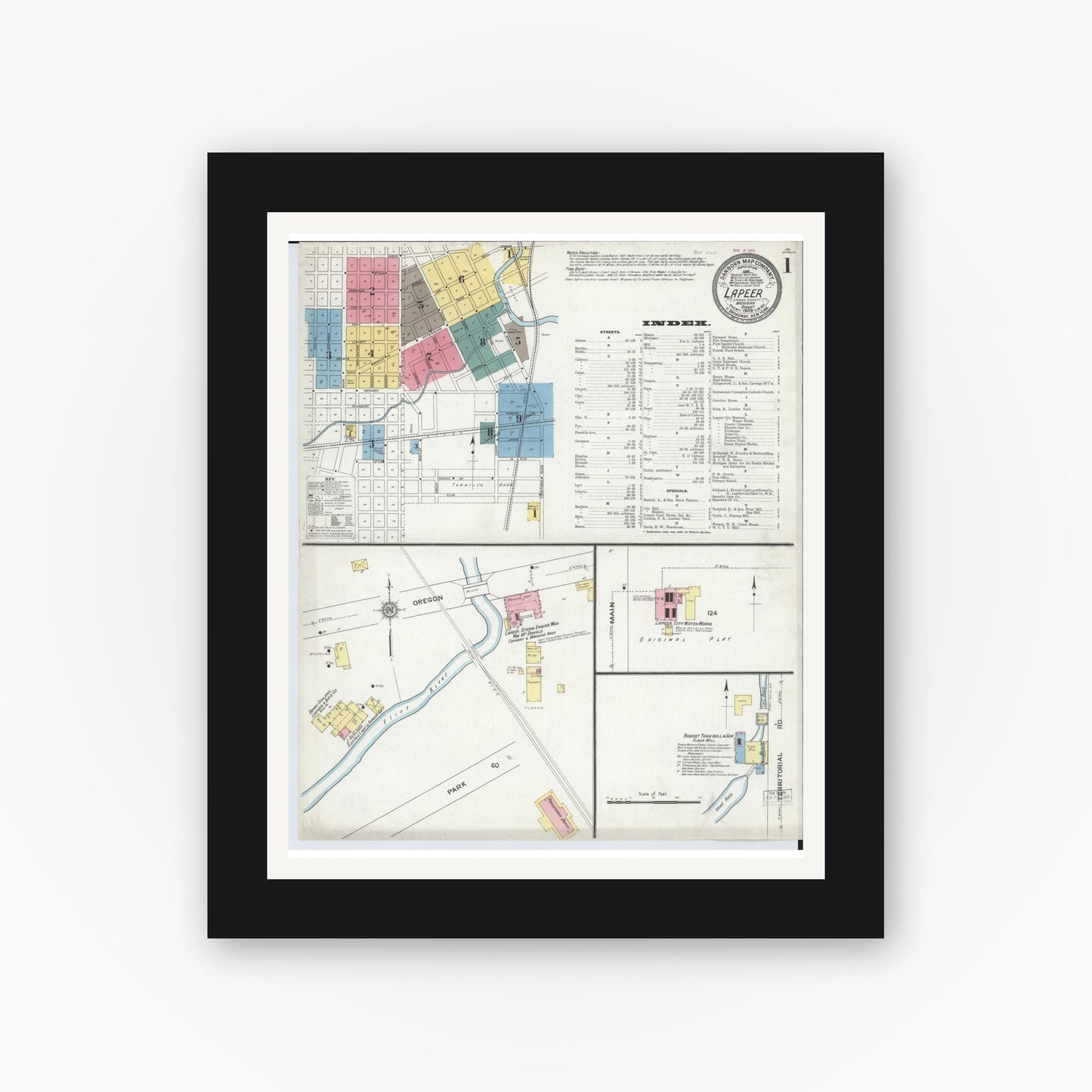 Old map wall art mockup — black gallery frame with white mat — Sanborn Fire Insurance Map from Lapeer, Lapeer County, Michigan (1909) - Complete Map Set