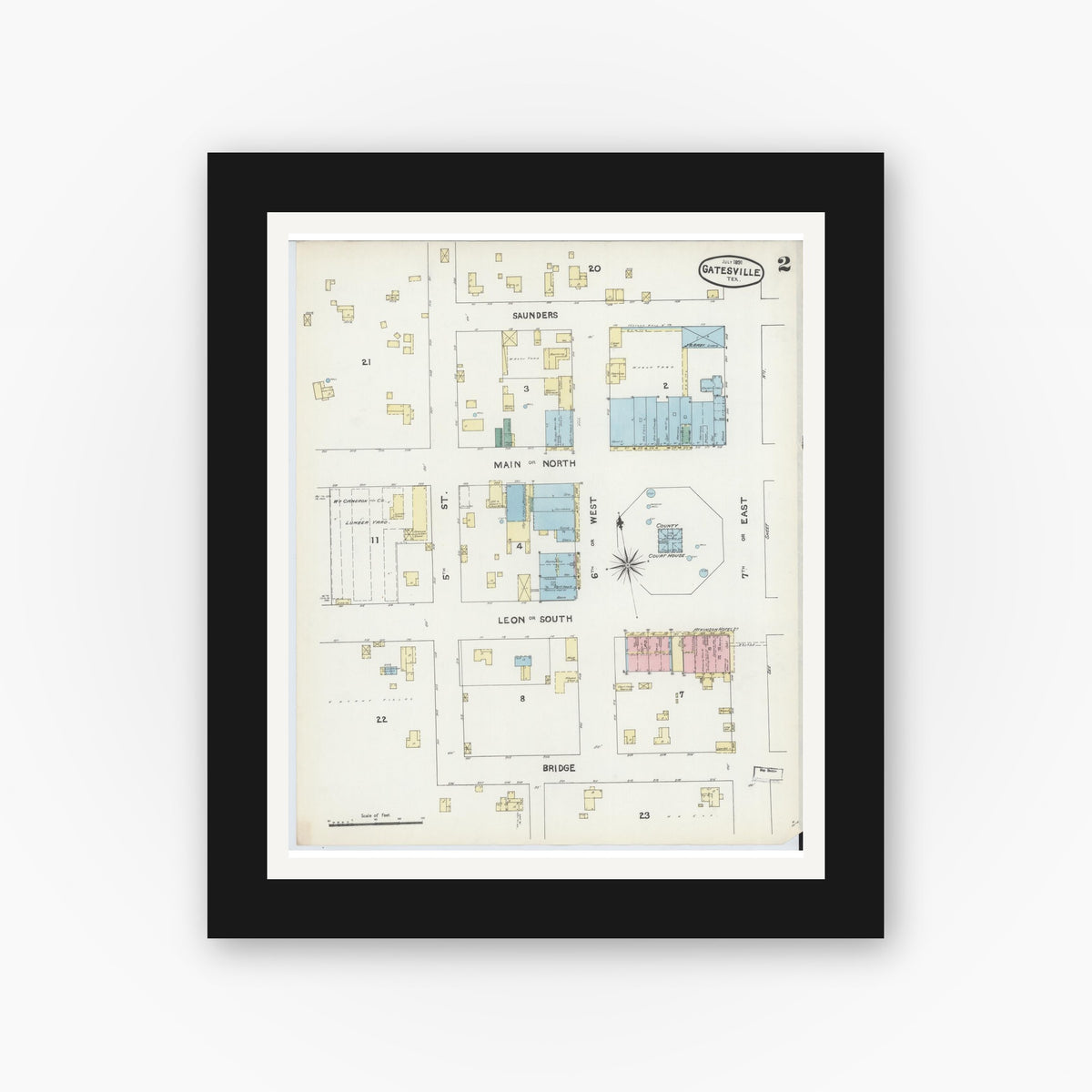 Old map wall art mockup — black gallery frame with white mat — Sanborn Fire Insurance Map from Gatesville, Coryell County, Texas (1891), Sheet #0002