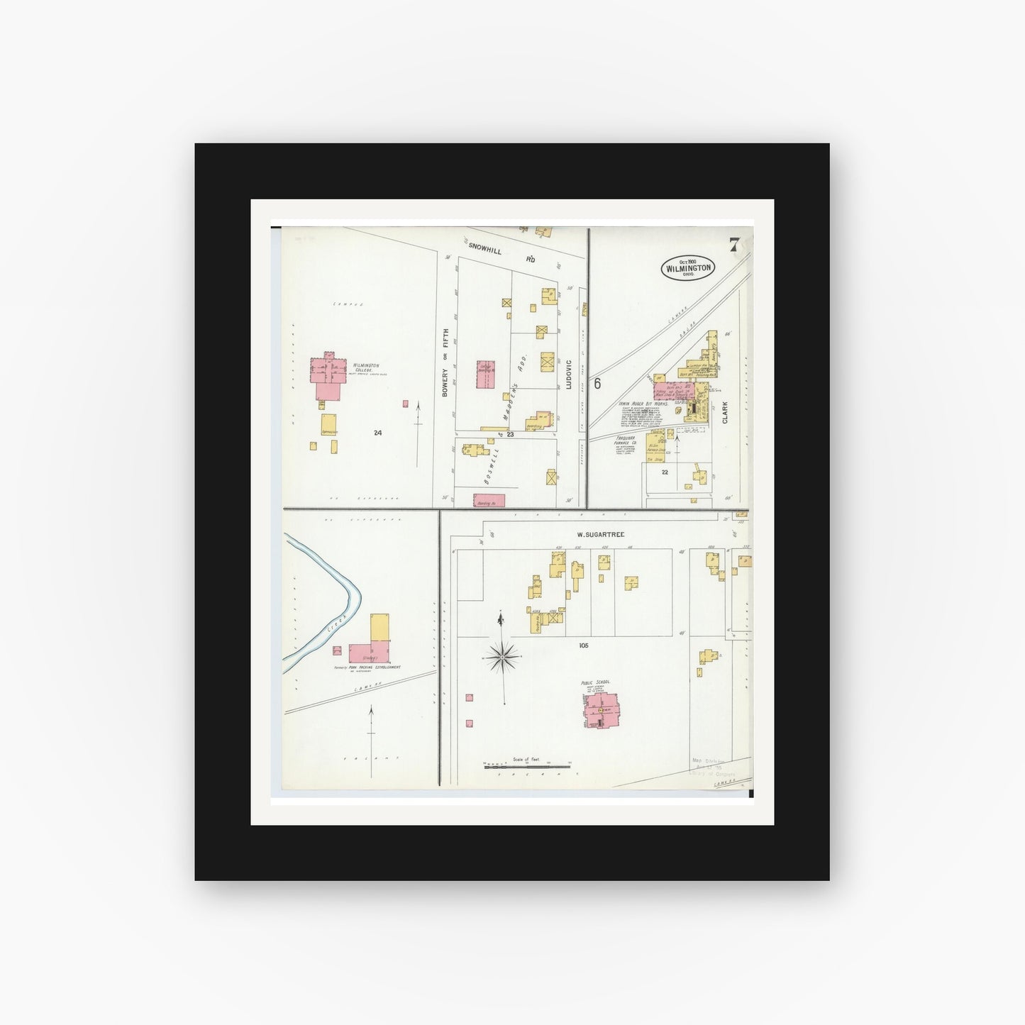 Old map wall art mockup — black gallery frame with white mat — Sanborn Fire Insurance Map from Wilmington, Clinton County, Ohio (1900), Sheet #0007