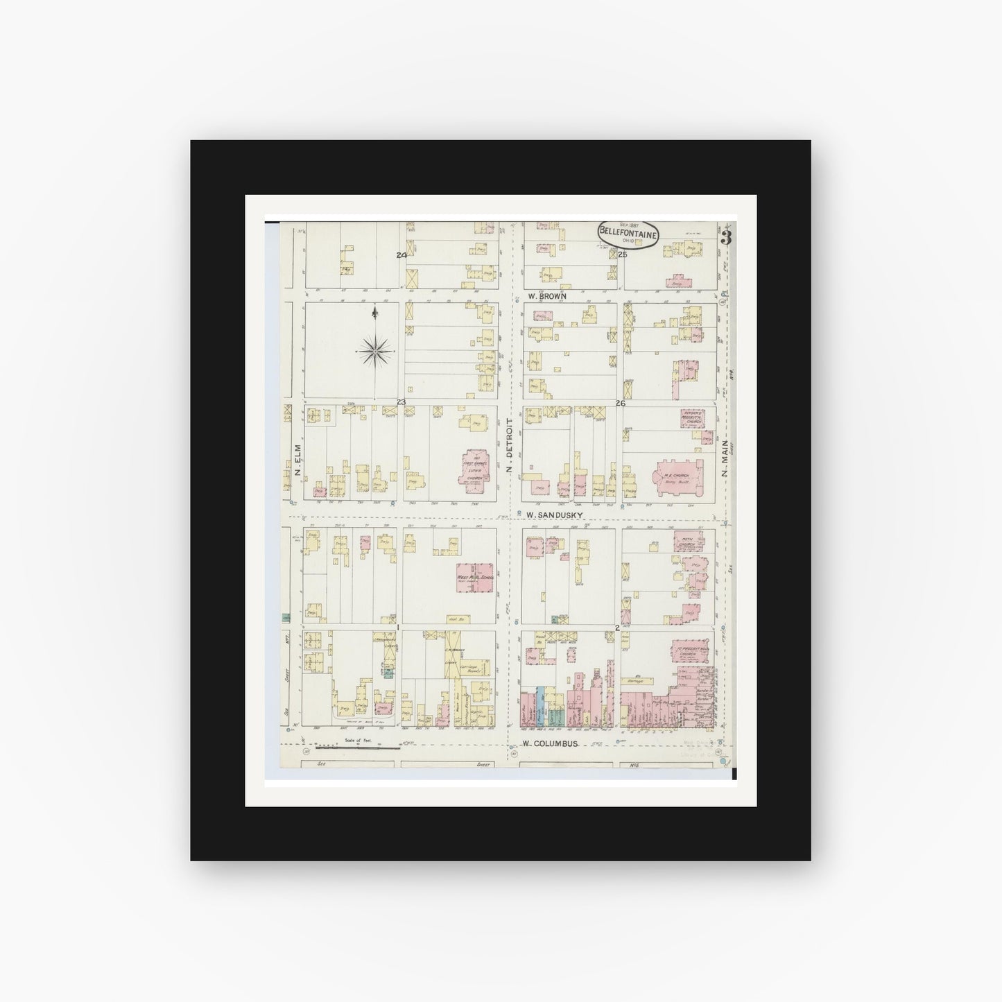 Old map wall art mockup — black gallery frame with white mat — Sanborn Fire Insurance Map from Bellefontaine, Logan County, Ohio (1887), Sheet #0003
