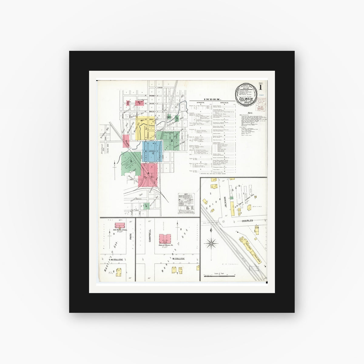 Old map wall art mockup — black gallery frame with white mat — Sanborn Fire Insurance Map from Oelwein, Fayette County, Iowa (1900) — Complete Set