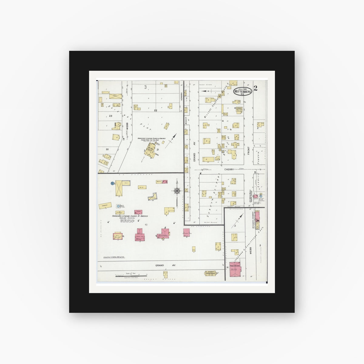 Old map wall art mockup — black gallery frame with white mat — Sanborn Fire Insurance Map from Wittenberg, Shawano County, Wisconsin (1919), Sheet #0002
