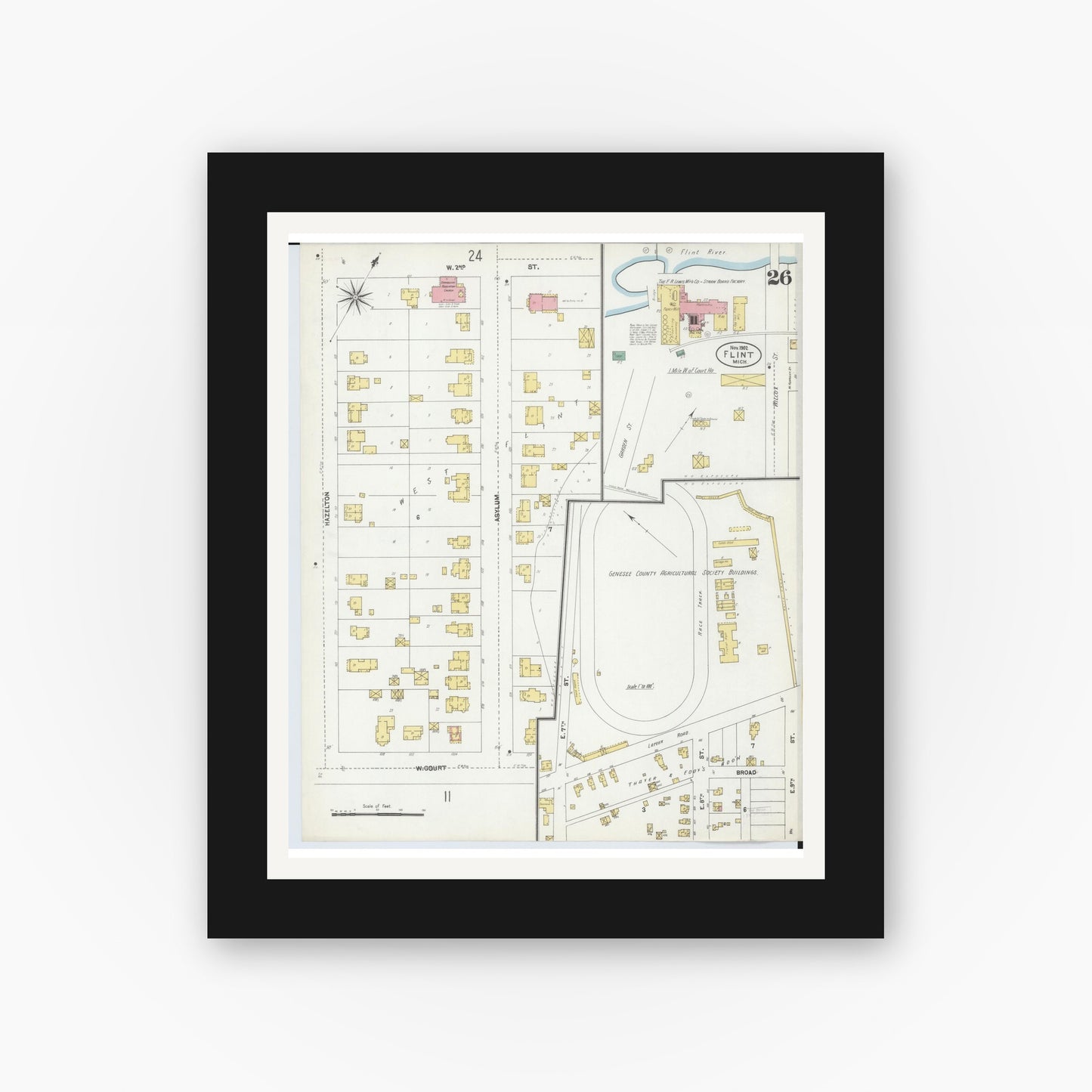 Old map wall art mockup — black gallery frame with white mat — Sanborn Fire Insurance Map from Flint, Genesee County, Michigan (1902), Sheet #0026
