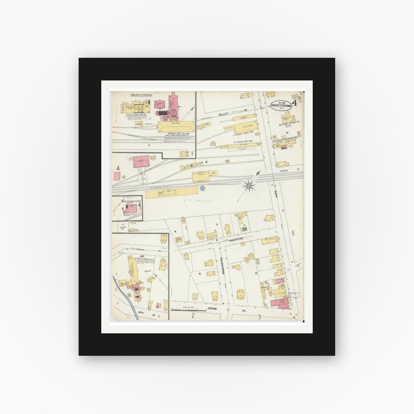 Old map wall art mockup — black gallery frame with white mat — Sanborn Fire Insurance Map from Hackettstown, Warren County, New Jersey (1902), Sheet #0004