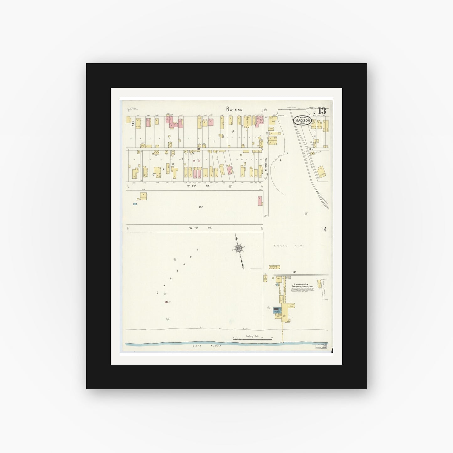 Old map wall art mockup — black gallery frame with white mat — Sanborn Fire Insurance Map from Madison, Jefferson County, Indiana (1911), Sheet #0013
