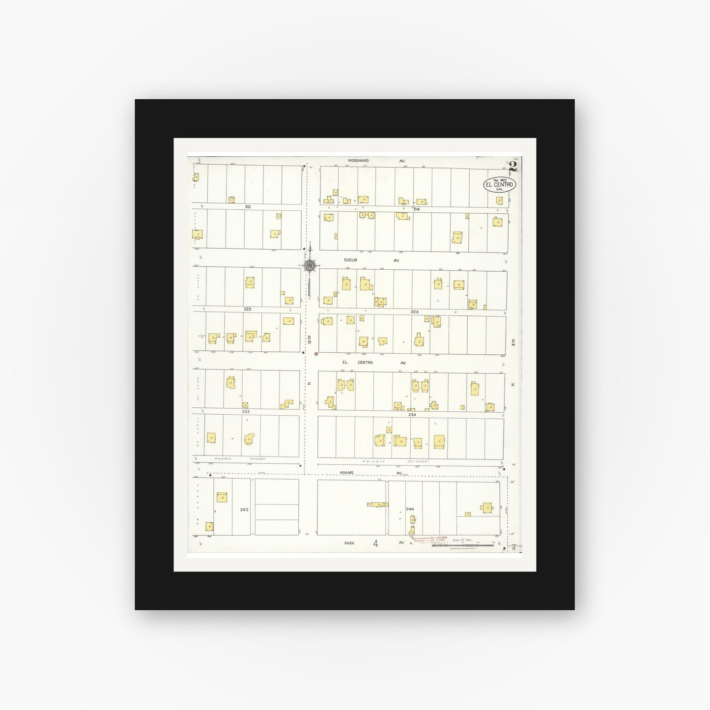 Old map wall art mockup — black gallery frame with white mat — Sanborn Fire Insurance Map from El Centro, Imperial County, California (1922), Sheet #0002