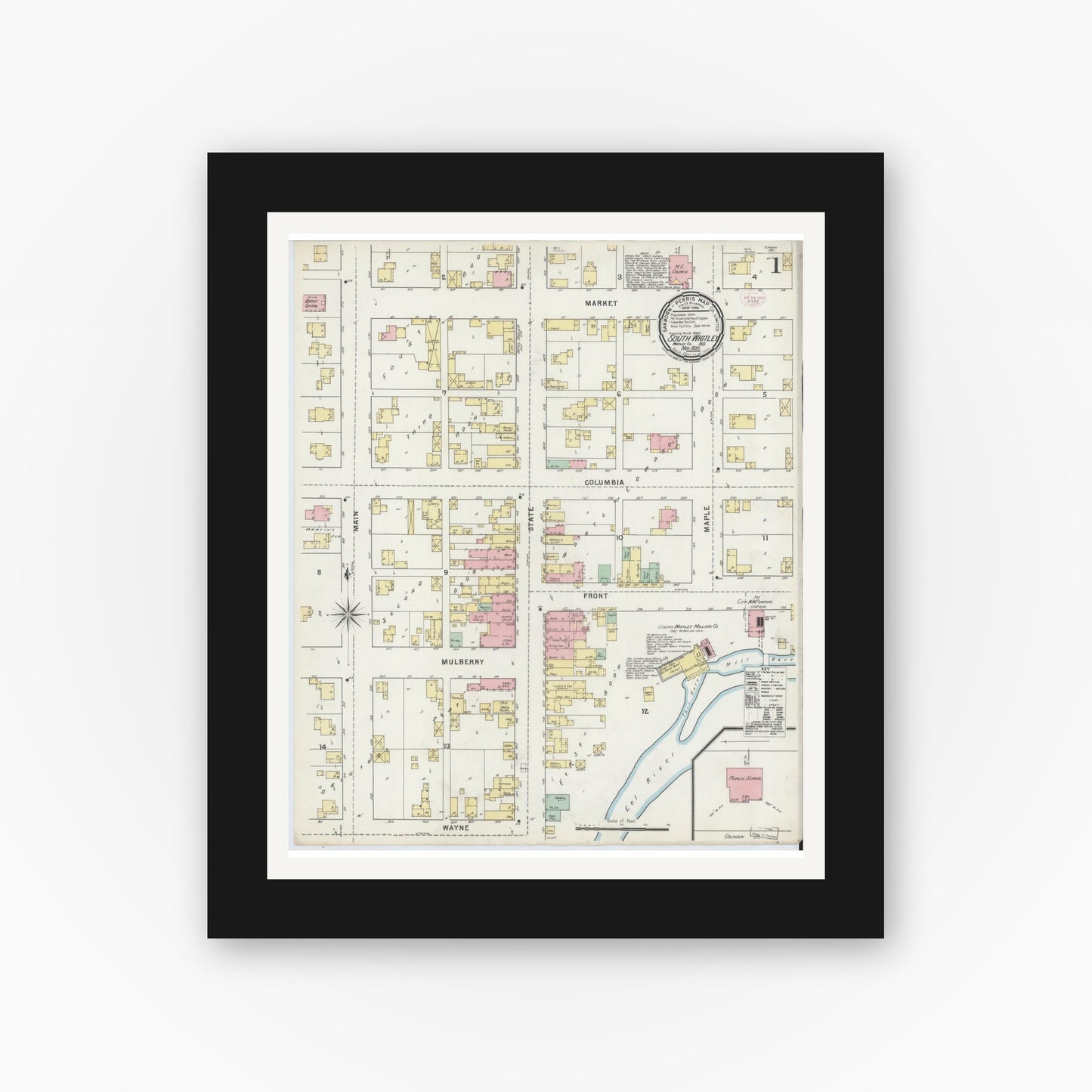 Old map wall art mockup — black gallery frame with white mat — Sanborn Fire Insurance Map from South Whitley, Whitley County, Indiana (1895) - Complete Map Set