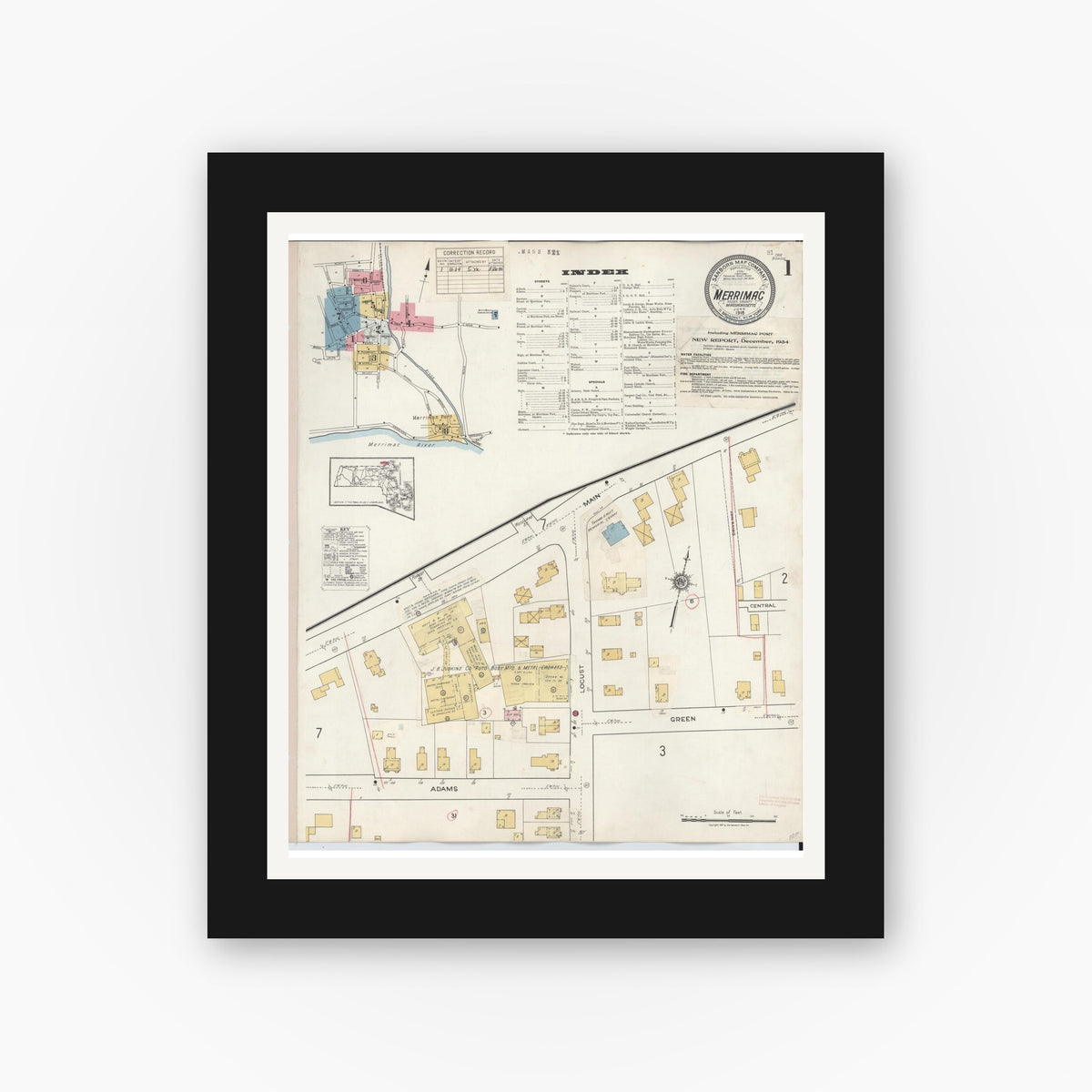 Old map wall art mockup — black gallery frame with white mat — Sanborn Fire Insurance Map from Merrimac, Essex County, Massachusetts (1934) - Complete Map Set