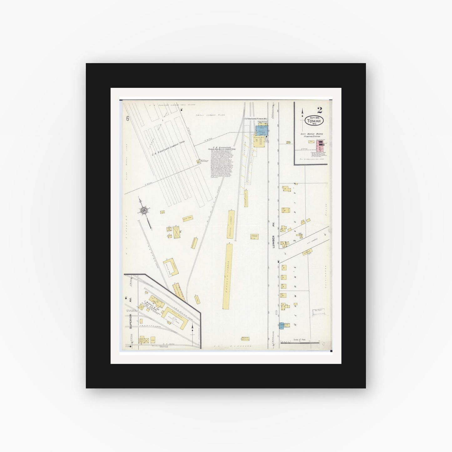 Old map wall art mockup — black gallery frame with white mat — Sanborn Fire Insurance Map from Tomah, Monroe County, Wisconsin (1912), Sheet #0002